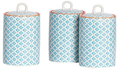 Nicola Spring Patterned Kitchen Canisters - 1 Litre - Pack of 3 - Blue Porcelain Hand Printed Kitchen Storage Jar Airtight Biscuit Barrel for Biscuits, Oats, Tea, Coffee