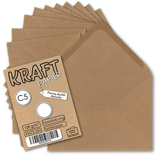 100x Vintage Brief-Umschläge DIN C5 Kraftpapier 120 g/m² - 157 x 225 mm - braun Recycling - Nassklebung Spitzklappe I UmWelt by GUSTAV NEUSER®