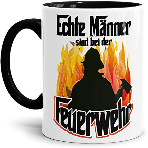 Feuerwehr-Tasse Echte Männer FW Beruf/Helden/Lustig/Spruch/Geschenk-Idee/Innen & Henkel Schwarz