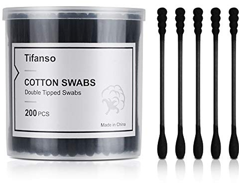 tifanso 200 Count Black Cotton Swabs, Natural Black Double Tipped Cotton Buds, Cruelty-Free Ear Swabs, Chlorine-Free Hypoallergenic
