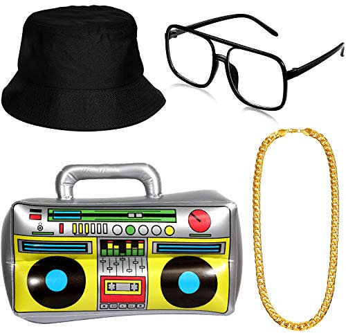 meekoo Hip Hop Kostüm Kit, Aufblasbare Boom Box Eimer Hut Sonnenbrille Gold Kette 80er/ 90er Rapper Zubehör (Schwarz)