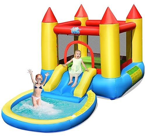 COSTWAY Castello gonfiabile per bambini, Con Scivolo ad Acqua, Trampolino e Piscina, per 2 Bambini di 3-5 Anni, Con Borsa di Trasporto e Kit di Riparazione, 365 x 200 x 190 cm (Senza soffiatore)