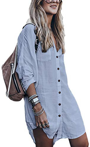 Bsubseach Long Sleeve Bikini Cover Up for Women Loose V Neck Swimwear Button Down Beach Shirt Tunic Dress Light Blue
