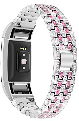 GIMart Bling Armband, kompatibel für Fitbit Charge 2 & 2 HR, Edelstahl, Strass, Ersatz-Armband, Metallarmband, Unisex, Silber, 21 mm, One Size (Adjustable)