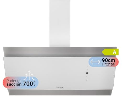 UNIVERSALBLUE Campana Extractora 90 cm Inclinada Cristal Inox & Blanco | Potente Succión 700 m³/h | Extractor de Humos y Aire Eléctrico para Cocina | Campana Decorativa de Pared Táctil | Clase A