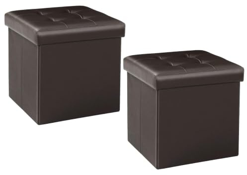 Bonlife Set aus 2 Sitzhockern mit Stauraum, Faltbare Aufbewahrungshocker | Braunes Kunstleder Hocker mit Stauraum, Klappbarer Fußhocker mit Stauraum, für Wohnzimmer, Schlafzimmer, Flur, 32x32x32cm