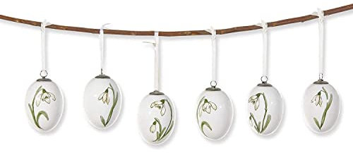 Loberon Osterei 6er Set Willmare, zart & nostalgisch, feiner Schneeglöckchen-Print, Vintage-Look, Deko-Eier, Ostern, Osterdeko, Osterschmuck, Porzellan, Polyester, weiß/grün