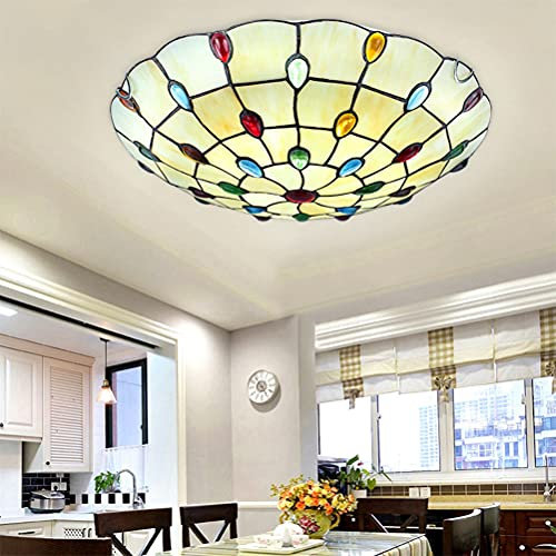 Retro Deckenlampe Schlafzimmer Tiffany Stil Deckenleuchte E27 Tiffany Lampe Wohnzimmerlampe Mit Runde Bunt Juwel Glas Lampenschirm, Klassische Deckenbeleuchtung Flurlampe Decke Esszimmer Lampe,30cm