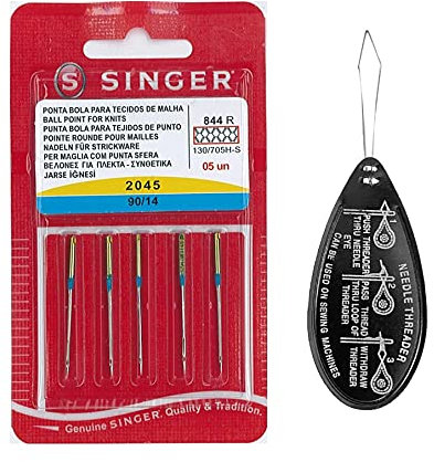 Singer Ball Point Stretch 2045 Nähmaschinennadeln, 5 Stück, Größe 90/14, inkl. großem Nadeleinfädler