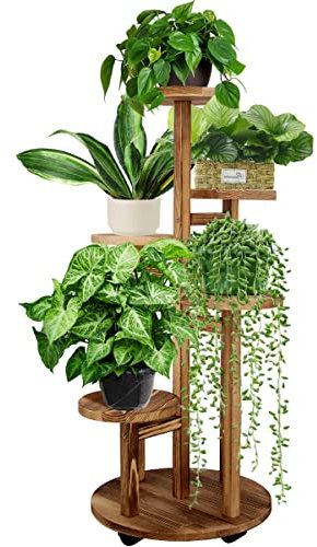 GEEBOBO 5 Tiered Tall Plant Stand for Indoor Outdoor, Wood Plant Shelf Corner Display Rack, Multi-tier Planter Pot Holder Flower Stand for Living Room Balcony Garden Patio (Walnut)…