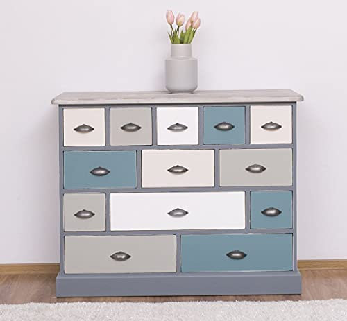 Apothekerschrank aus Massivholz - Sideboard - Kommode mit 13 Schubladen (Vintage - Blau - Grau)