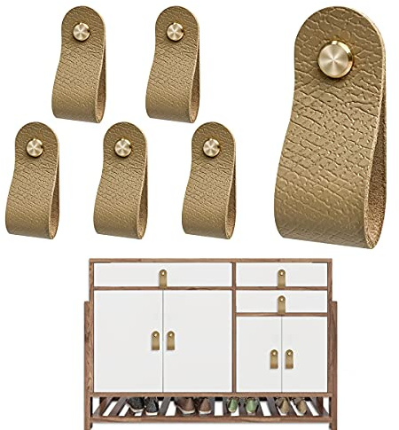 DOXIAL Leather Cabinet Knobs 6PCS - Furniture Door Handles Pulls with Srews, Thicken Soft PU Drawer Pulls for Cupboard Dresser Wardrobe, Anti-Collision Anti-Static, Apricot