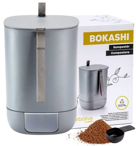 Plastia Bokashi Eimer Starterset 10,6 L - Design Küchenkomposter aus Recyceltem Kunststoff - Bokashi Komposter mit Ferment 1 kg und Broschüre - Komposteimer wandelt Küchenabfälle in Dünger um