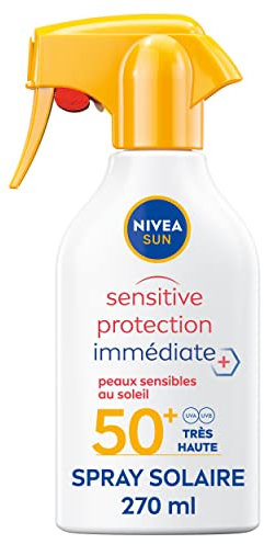 NIVEA SUN - Pistolet Solaire Sensitive Protection Immédiate FPS 50+ - Protège UVA/UVB & Irritations Du Soleil - Aloe Vera & Antioxydants - Formule Non Parfumée & Non Grasse - Peaux Sensibles - 270 ml