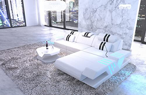 Ledersofa Venedig L Form Sofa Ecksofa in Leder - mit LED Beleuchtung, verstellbare Kopfstützen, Recamiere/Lederfarben wählbar/Ausrichtung wählbar (Ottomane rechts, Weiß-Schwarz)