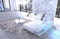 Ledersofa Venedig L Form Sofa Ecksofa in Leder - mit LED Beleuchtung, verstellbare Kopfstützen, Recamiere/Lederfarben wählbar/Ausrichtung wählbar (Ottomane rechts, Weiß-Schwarz)