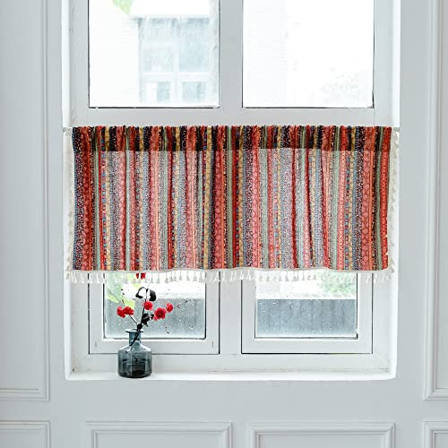 Ricemru Boho Ethno Scheibengardine Kurz Küche Modern 45 hoch Bunt Hippie Marokko Bistrogardinen Baumwolle und Leinen Kurzgardinen Küchegardine Fenstervorhang mit Quasten 1 Stück,132x45cm