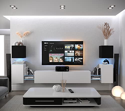 Ensemble Meuble TV Mural Suspendu Salon – Meuble Salon Design Moderne avec colonnes - Vitrines et rangements avec éclairage LED Bleue (AN105-21BW-M5 1A)