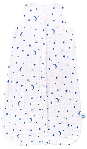 TADO MUSLIN Toddler Sleep Sack 2-4T, 0.5 TOG Lightweight Wearable Blanket for Baby, 100% Organic Cotton Muslin 4 Layers, Sleeveless Sleeping Bag, 2-Way YKK Zipper, OEKO-TEX Certified, Blue Star Moon