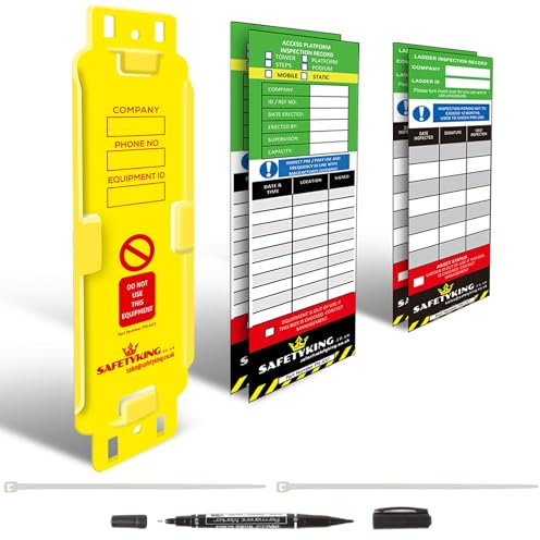 SAFETYKING® Ladder Tags, Ladder Inspection Tags, 10 Holders, 15 Inspcetion Insert Stickers, 20 Cable Ties, 1 Marker Pen, Ladder Tag kit with Cable Ties and Marker, Laddertag, Laddertags. (2)
