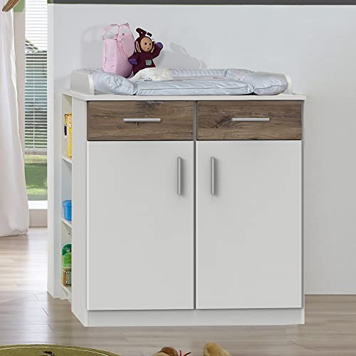 Lomadox Babyzimmer Wickelkommode mit Unterschrank, 2-teilig in weiß mit Eiche Nb., B/H/T: ca. 91/101/75 cm