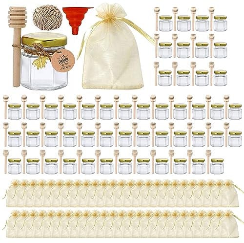 HO2 HOME PARIS® Lot de 50 mini pots à miel en verre avec couvercle, louches en bois, couvercles dorés, pendentifs abeille, jute,sacs cadeaux dorés/pots à miel cadeau invites mariage/kit apiculture