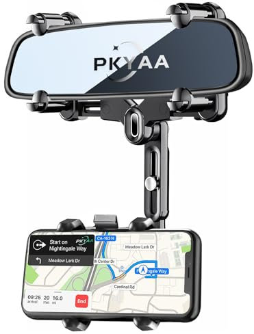 PKYAA Support de téléphone pour rétroviseur de voiture, support rotatif à 360° avec bras réglable en longueur, quatre coins fixes, anti-secousses, design multifonctionnel pour tous les smartphones