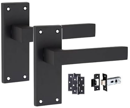 Golden Grace Victorian Straight Delta Door Handles Latch in Matt Black with 1 Pair of 3 Ball Bearing Hinges & Latches Pack, 1 Set - 120mm x 40mm Backplate