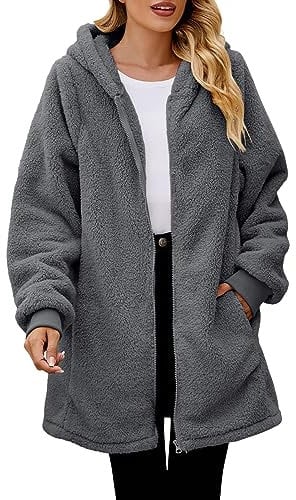KBOPLEMQ Winterjacke Damen Lang Mantel Plüschjacke Hoodie Jacke Oversize Wintermantel Kurzmantel Warm Cardigan Kapuzenjacke mit Taschen Teddy-Fleece Warm Sweatjacke Fellmantel Outdoor Windjacke