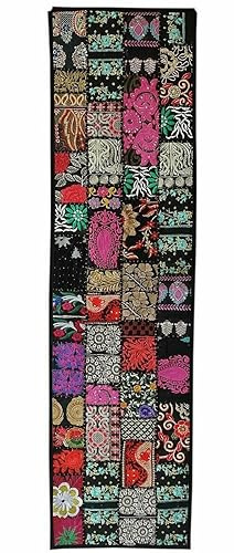 KRAAFTY Indischer Tischläufer, bestickt, Patchwork, Baumwolle, Esstisch, handgefertigt, dekorativer Tischläufer, 45,7 x 152,4 cm, Schwarz