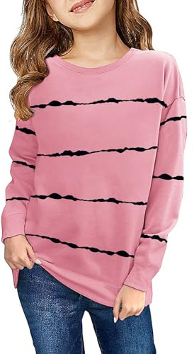 Haloumoning Sweatshirt Fille Rayures Col Rond Enfants Pull Décontracté Manches Longues Tops