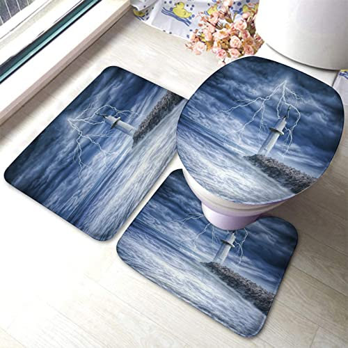 Set 3 Teilig Badvorleger Leuchtturm Auf Dem Felsen Mit Regensturm Und Schrecklichem Wetter Mit Schwarzen Wolken Badezimmer Matte Anti-Rutsch Küchentürteppich, Für Badezimmer, Wc-Sitz Bezug
