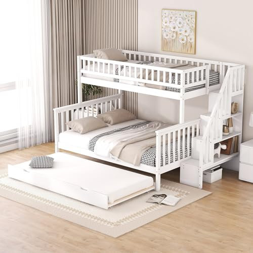 RCBDBSM 90 x 200 cm über 140 x 200 cm Etagenbett mit Rollbett und Treppe, Dreier-Etagenbett für Erwachsene & Kinder, Rausfallschutz, Kinderzimmer Hoch-Doppel-Stockbett, weiß