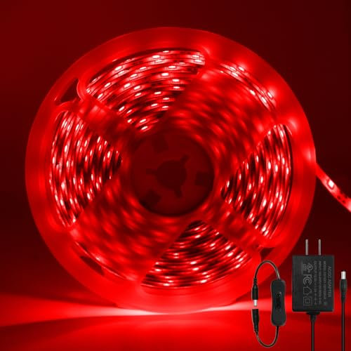 ShineBurky LED Strip 5M Rot, LED Streifen 12V Lichtband LED Selbstklebend IP65 Wasserdicht LED Band Beleuchtung Lichtband Strips Flexibel for Leiste Küche TV DIY Deko (Inklusive Netzteil)