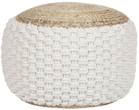 Beliani Pouf Tricoté en Coton et Jute Blanc et Beige 50 cm Remplissage à Billes EPS Aiza