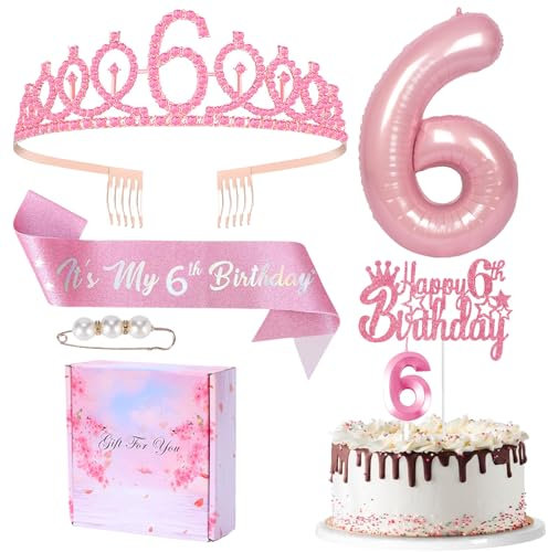 COSORO Pink 6th Birthday Sash and Tiara Set for Girl, Decorations, Crown, Candles, Cake Topper, Balloons, Badge, Gifts