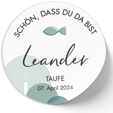 Mimi und Anton TAUFE SCHÖN, DASS DU DA BIST Aufkleber personalisiert mit deinem Wunschnamen | 12x Sticker rund 5 cm | Vielen Dank TAUFE Deko Sticker | Regenbogen MINT
