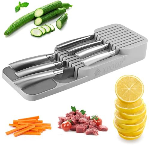 XPOOP Messerblock für Schublade, Messerorganisation, Zweistufiger Messer Organizer mit Schlitzen, Knife Block mit Anti Rutsch Pad, für Schubladen Arbeitsfläche Küche Büro, Grau