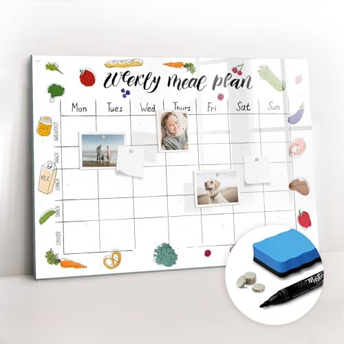 Tulup Magnettafel Magnetpinnwand 100x70 Magnetisch zum Beschriften Glasplatte Schreibtafel mit Motiv Tafel abwaschbar Wandtafel mit Magneten und Stift - Wöchentliches Menü