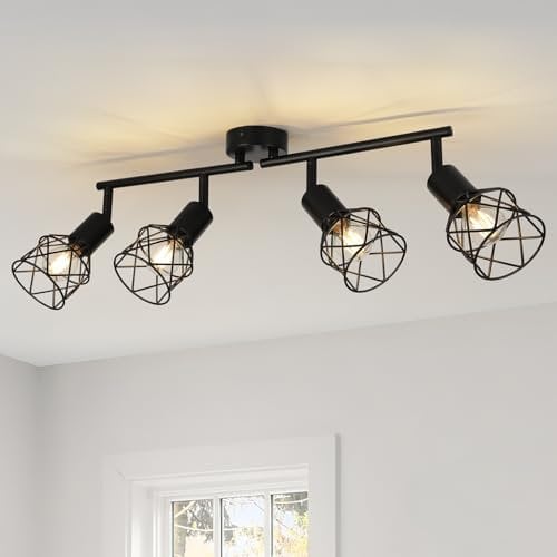 FORCOSO Deckenstrahler Schwarz Schwenkbar 350°, Spots Deckenleuchte 4 Flammig Metall Deckenlampe Strahler, E14 Industrial Deckenspots, Vintage Decke Küchenlampe Küche Wohnzimmer Flur Wand Lampe