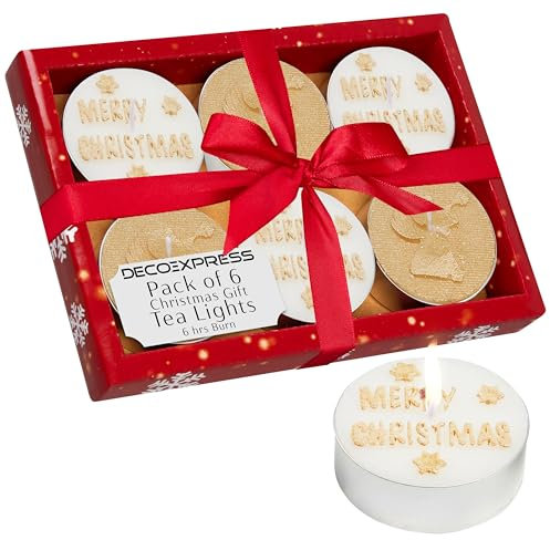 DECO EXPRESS Teelichter Weihnachten Deko, Kerzen Set, Multipack mit 2.5, 3 oder 6 Stunden Brenndauer, Nicht Duftend (Weiß/Gold 6 Pack)