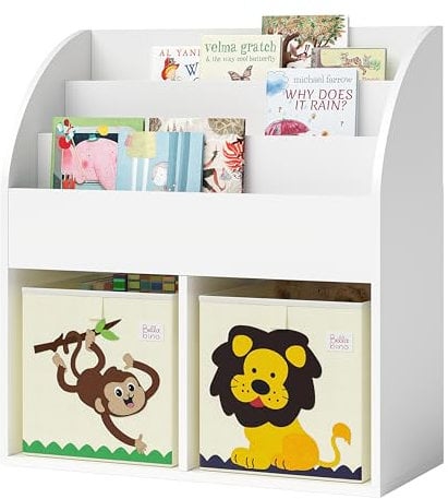 Bellabino Kinderregal Koro, Spielzeug Aufbewahrung, Bücherregal für Kinder mit 3 Fächern für Bücher und 2 Fächern für Boxen (inkl. 2 Faltboxen AFFE/Löwe)