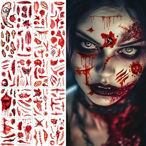 20 Blatt Narben Halloween Tattoo Gesicht, Fake Wunden Vampir Zombie Blutige Horror Tattoo, für Halloween Kostüm Damen Herren Kinder Erwachsene Make up