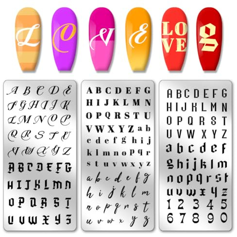 PH PandaHall 3PCS English Letter Nail Stamp Plate Personalized Letter Print Nail Stencils Stainless Steel Nail Template for English Alphabet Number Nail Art Design Image Plate 12x6cm