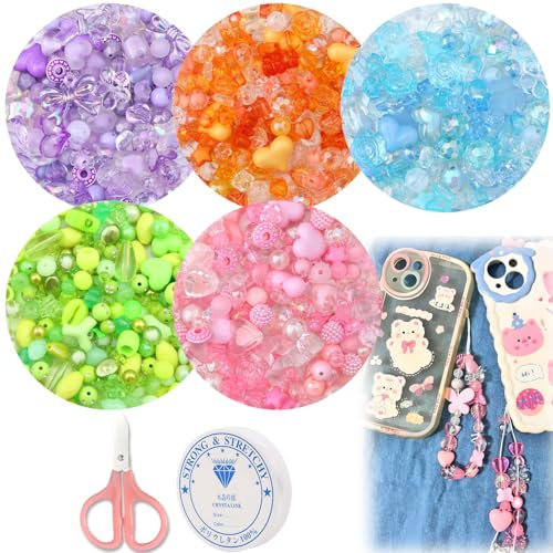 MaehSab 270–300 Stück süße verschiedene Perlen zur Schmuckherstellung, Acryl-Kawaii-Perlen zur Herstellung von Armbändern, Blumen-Schleifenperlen, Massenware, DIY-Handy-Schlüsselbandketten