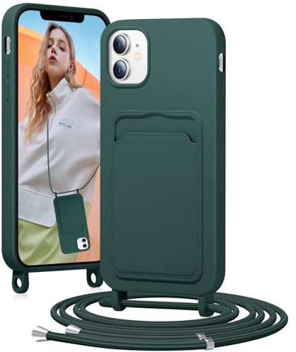 BENTIACC Handykette Silikon Hülle für iPhone 11 mit Band, Handyhülle mit Kartenfach, Abnehmbar Kordel Kette, Stoßfeste Schutzhülle für iPhone 11 (Tannennadelgrün)