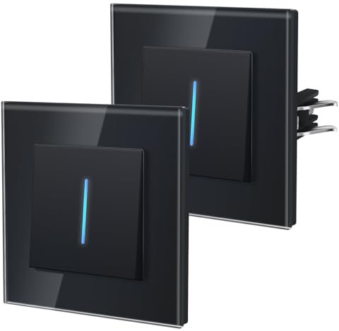 BSEED Interrupteur avec Cristal,Interrupteur Mural avec Griffes,Modern Interrupteur Avec Voyant Lumineux,Facile à Installer,E - Série,1 Gang 1 Voie - 2 Paquets,86mm Noir