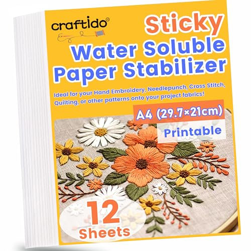 craftido A4 12PCS (29.7x21cm) Stabilizzatore per Ricamo Autoadesivo Idrosolubile Carta dissolvente stampabile, Peso Medio consentito per Stampare o disegnare Motivi, Ricamo a Macchina e a Mano