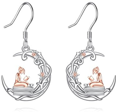 YFN Buch Ohrringe Sterling Silber Buch hängend Ohrringe Mond Buchliebhaberin Ohrhänger Lesen Schmuck für Damen Mädchen Bücherwurm Geschenk für Leseratten