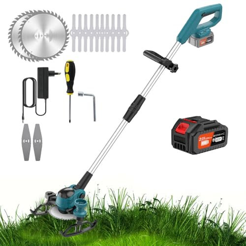 Rasentrimmer mit Akku, 21V Rasenkantenschneider mit 6000mAh Akku, Elektro-Trimmer Gartenkantenfräser mit 3 Arten Klingen für Garten und Hof (Blau mit 1 Akku)